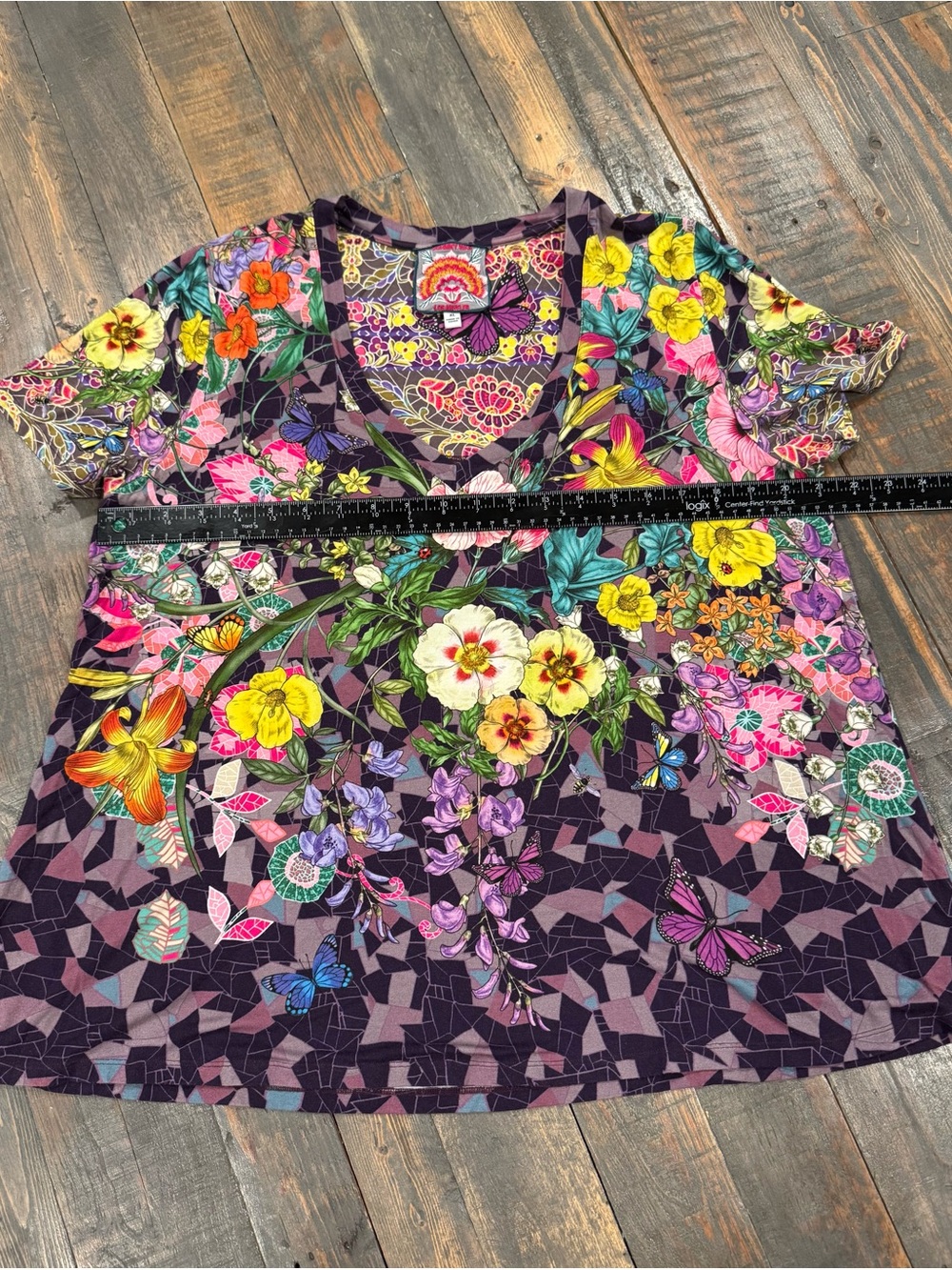 Johnny Was Purple Floral V-Neck Tunic with Multicolor Botanicals